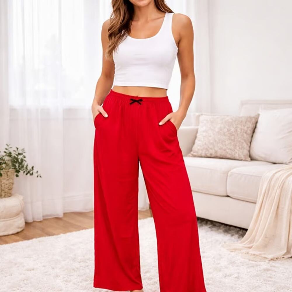 Red straight-leg pajama pants with elastic waistband